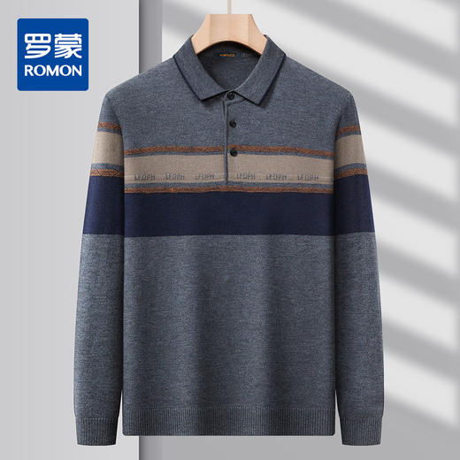 【含羊毛】罗蒙秋冬男士经典横条针织衫男商务polo衫男长袖中老年爸爸装 商品图0