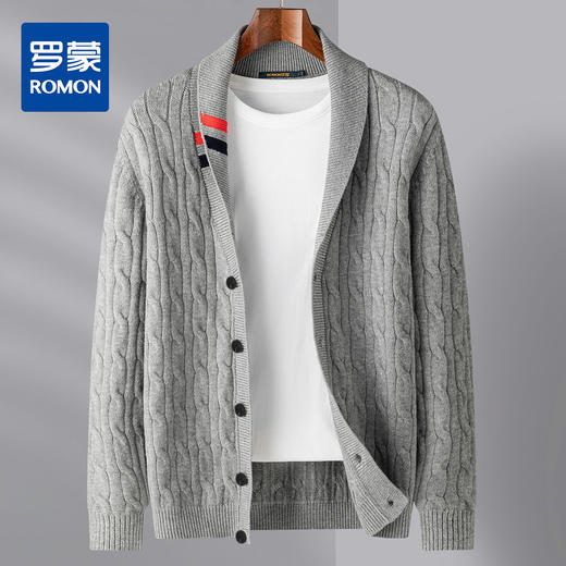 罗蒙男士秋冬加厚开衫男时尚百搭休闲针织衫撞色翻领外套男士毛衣男 商品图0