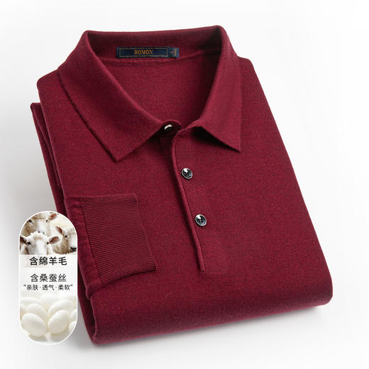 【含羊毛桑蚕丝】罗蒙纯色经典polo衫长袖t恤男士时尚针织衫男毛衣 商品图1
