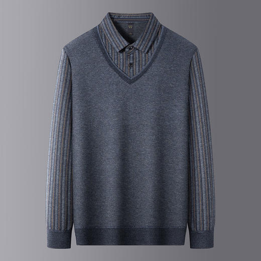 【提花竖条】罗蒙男士秋冬假两件针织衫男条纹衬衫男长袖衬衫男中老年爸爸装 商品图1