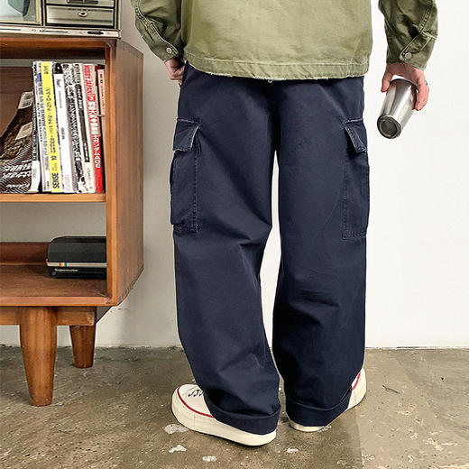 徐太浪缉明线拼接口袋工装裤男秋冬纯棉宽松直筒休闲裤灰蓝色长裤 商品图3