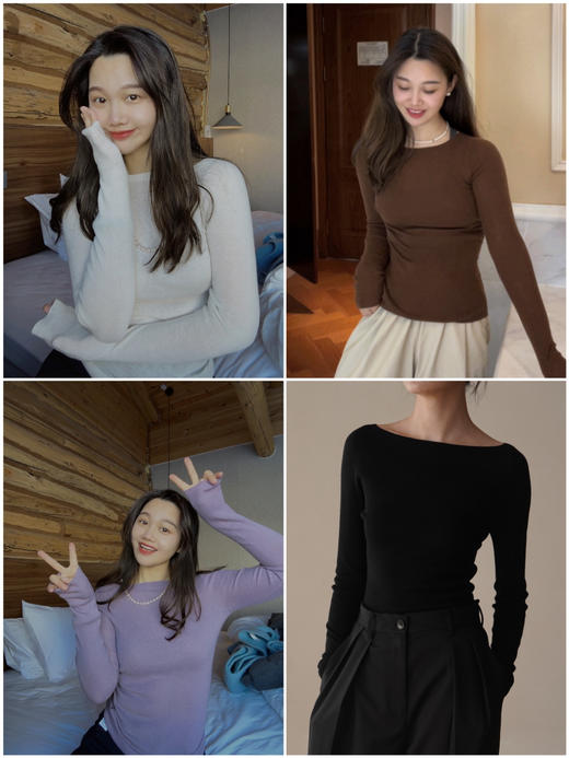 年终特惠 不退不换！！！人人必入羊绒真丝女神云感系列|可机洗的无缝一体一字领长袖针织打底衫 商品图0