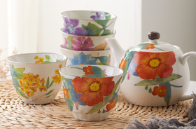 日本进口美浓烧和蓝印彩繁花茶壶茶杯家用陶瓷茶具新婚节日礼物荀花一壶五杯茶具