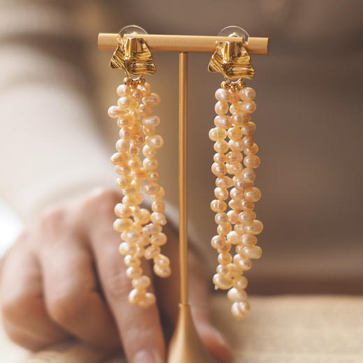 摇曳生姿。白粉紫三色长流苏天然巴洛克珍珠耳环不规则 商品图3