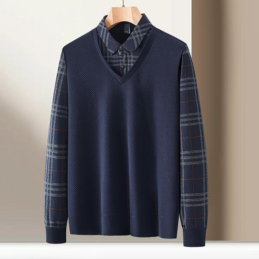 【肌理提花】罗蒙男士秋冬经典格子衬衫男长袖假两件针织衫男衬衫中老年爸爸装 商品图1