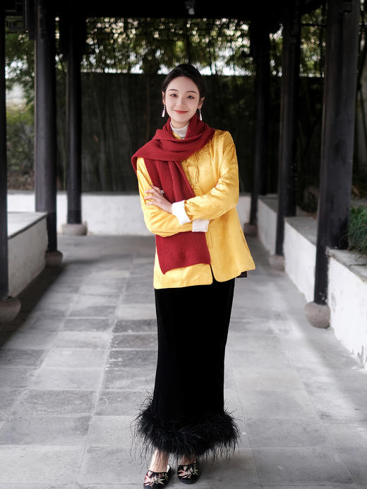 盛唐牡丹|东方雅韵真丝提花宽松外套-皇家明黄 (夹棉) 商品图8