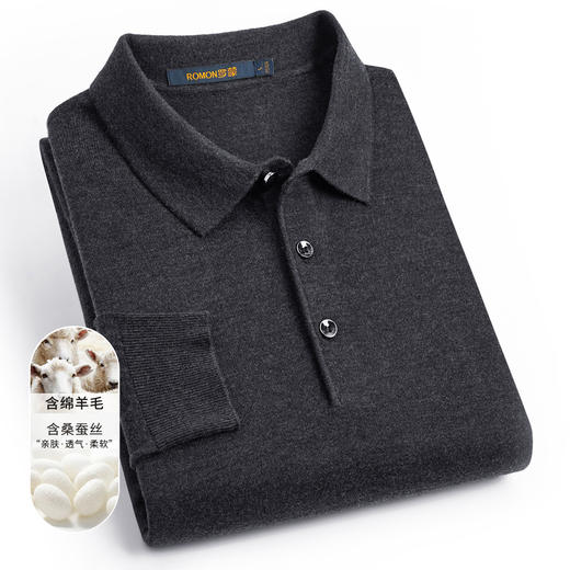 【含羊毛桑蚕丝】罗蒙纯色经典polo衫长袖t恤男士时尚针织衫男毛衣 商品图3