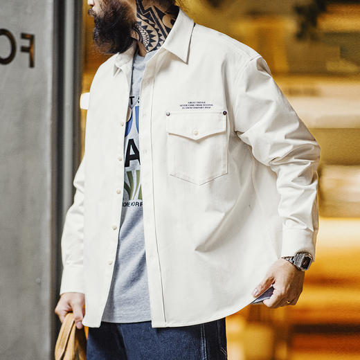 工装优选美式休闲人字纹廓形长袖衬衫印花叠穿翻领白色衬衣男秋冬 商品图4