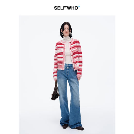 SELFWHO绵羊毛混纺新年红色条纹针织开衫女2025春季新款慵懒上衣 商品图3