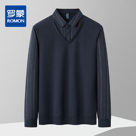 【肌理提花】罗蒙秋冬经典条纹衬衫男长袖假两件针织衫男衬衫中老年爸爸装