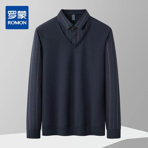 【肌理提花】罗蒙秋冬经典条纹衬衫男长袖假两件针织衫男衬衫中老年爸爸装 商品图0