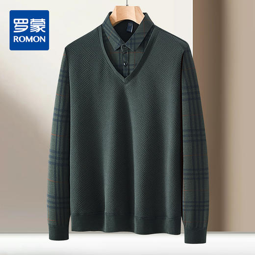 【肌理提花】罗蒙男士秋冬经典格子衬衫男长袖假两件针织衫男衬衫中老年爸爸装 商品图0