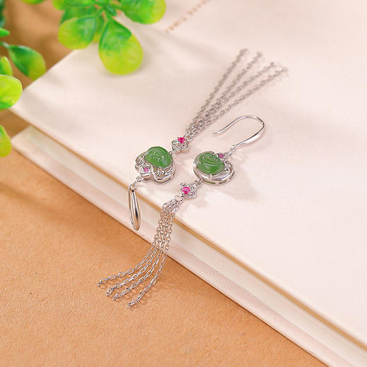 S925纯银和田玉碧玉复古国风，吉祥如意流苏耳坠气质镂空耳钩CW- EG02148 商品图2