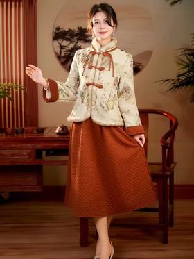 旗袍套装两件套改良冬新中式轻国风加厚裙子长袖冬款冬季秋冬唐装