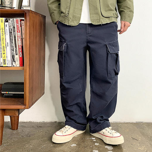 徐太浪缉明线拼接口袋工装裤男秋冬纯棉宽松直筒休闲裤灰蓝色长裤 商品图0