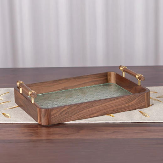 RW黑胡桃木质托盘家用简约客厅玻璃水果盘中式早餐点心轻奢风木托盘 商品图0