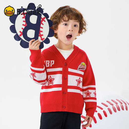 bduck小黄鸭童装春秋儿童红色毛衣开衫V领男童针织衫外套春季105-150 BF1612031 商品图0