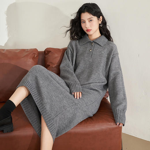 西遇法式长袖针织连衣裙女新款拉链设计感中长款打底裙12238744 商品图2