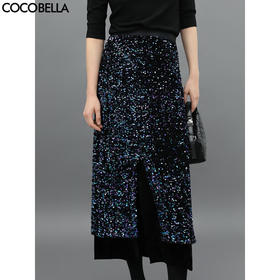 COCOBELLA幻彩亮片丝绒半身裙女秋冬气质名媛小香风开叉长裙HS548