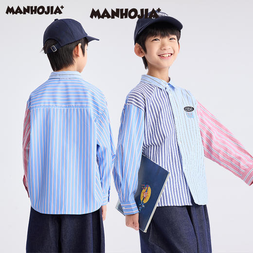 【熊盆友】漫画家25春新年限定红蓝条纹撞条纹学院拼接衬衫 商品图1