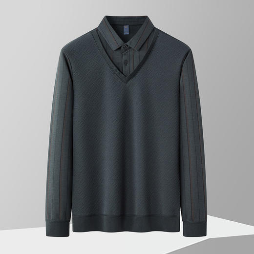 【肌理提花】罗蒙秋冬经典条纹衬衫男长袖假两件针织衫男衬衫中老年爸爸装 商品图2