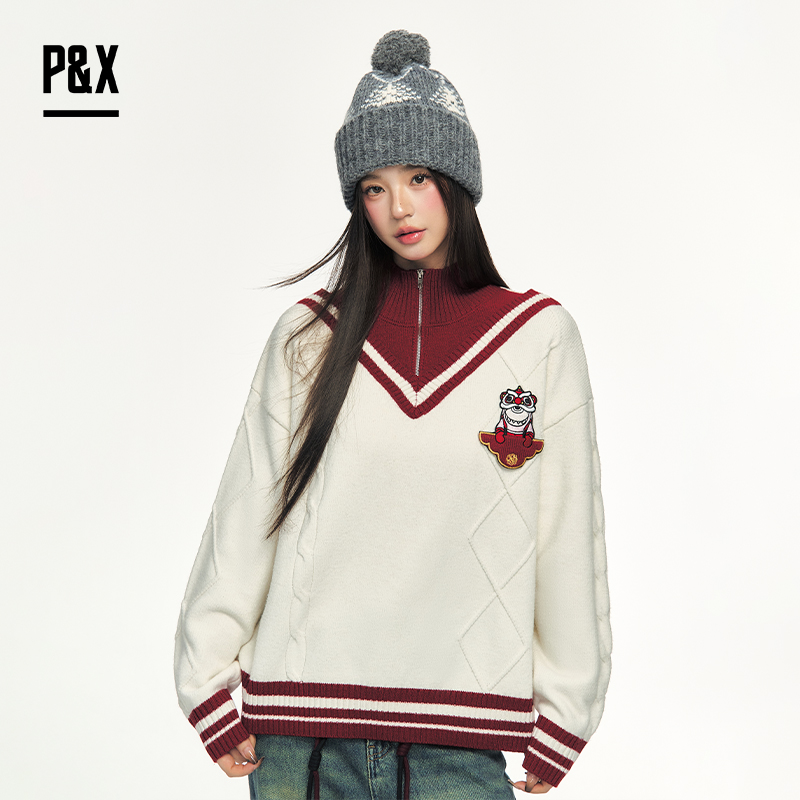 P&X设计师女装春季新款半拉链设计短款毛衣825118174 杏色