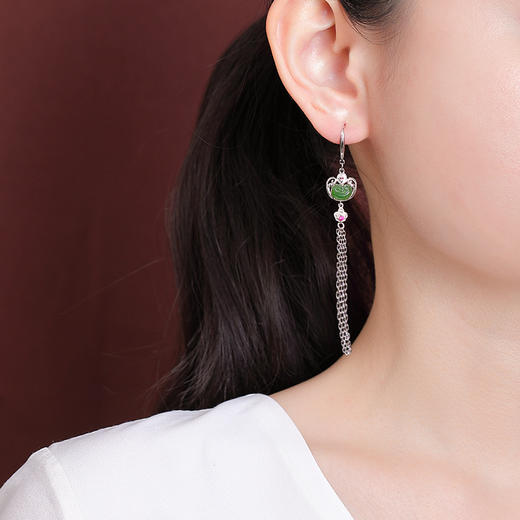 S925纯银和田玉碧玉复古国风，吉祥如意流苏耳坠气质镂空耳钩CW- EG02148 商品图3