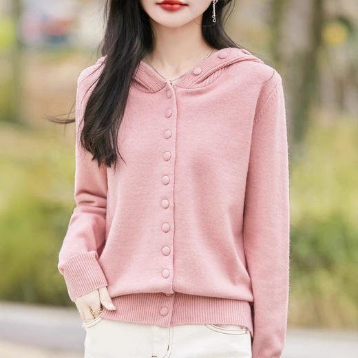 QHJY-JY8208亲肤绒单排扣毛衣外套女七针加厚休闲连帽针织开衫2025年新款上衣 商品图2