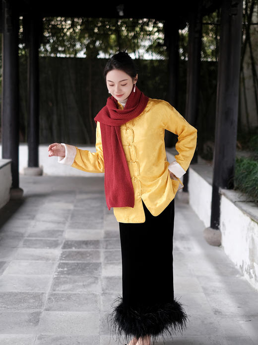 盛唐牡丹|东方雅韵真丝提花宽松外套-皇家明黄 (夹棉) 商品图9
