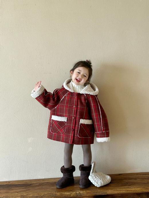 【YW】无忧购儿童韩版新年红加绒加厚连帽红格子大衣XZ536（截单后7天发货)25年清仓捡漏 商品图0
