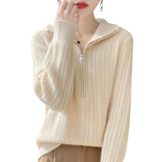 丁摩 秋冬新款翻领针织全羊毛衫女士半拉链扭花毛衣时尚气质长袖外套4ZF-367 商品图4