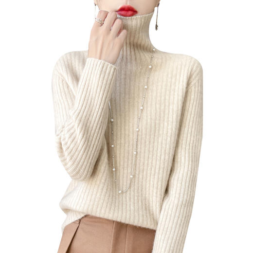 雀说100纯羊毛无缝一体重磅七针加厚高领坑条女士毛衣ALD23965 商品图4