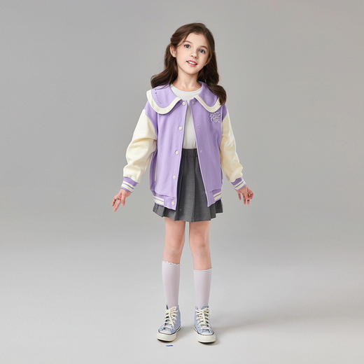 笛莎Deesha 童装女童外套2025春新款学院风撞色娃娃领棒球服 商品图2