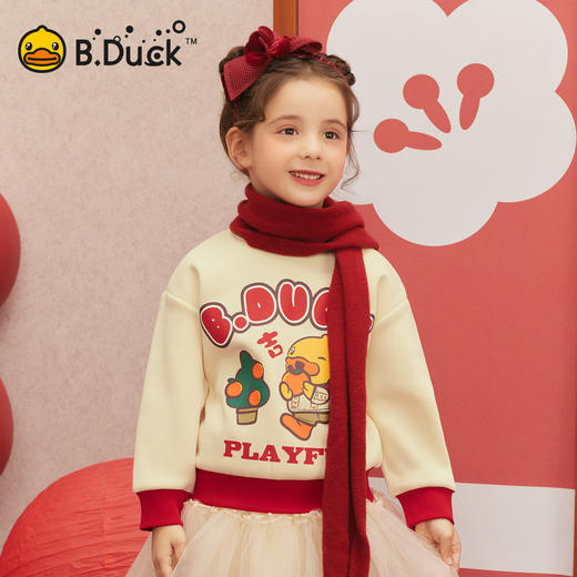 bduck小黄鸭童装冬季女童红色加绒卫衣套头衫新年冬装拜年服保暖上衣105-150 BF5531060 商品图3