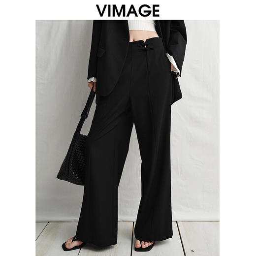 VIMAGE纬漫纪中式盘扣装饰设计感黑色微喇长裤休闲裤2025春季新款V2305901 商品图5