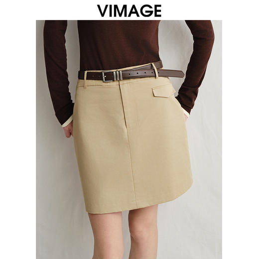 VIMAGE纬漫纪复古高级感卡其色高腰a字纯棉短裙半身裙春新款V2306905 商品图3