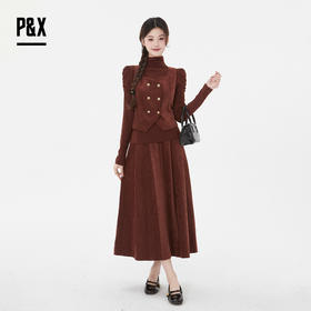 P&X设计师女装春季复古抽褶高领套装长裙825114012 枣红