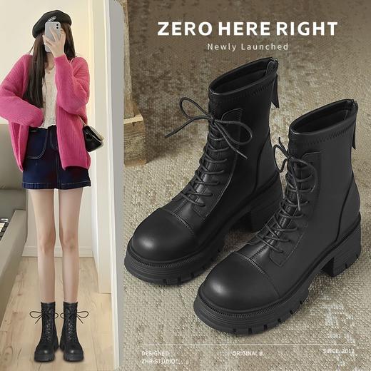 ZHR厚底马丁靴女2024秋冬新款ins系带短靴薄绒保暖女靴法式瘦瘦靴 商品图0