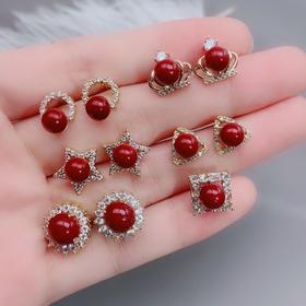 丁摩 天然原矿朱砂耳钉s925银招财转运本命年百搭喜庆耳饰女4ZF-123001