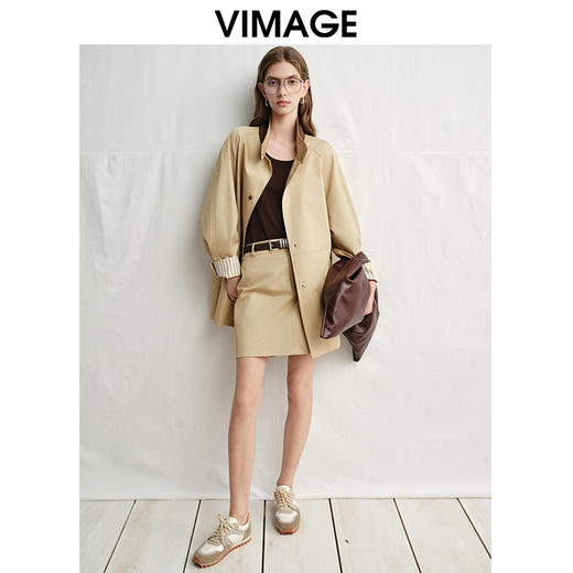 VIMAGE纬漫纪复古高级感卡其色高腰a字纯棉短裙半身裙春新款V2306905 商品图2