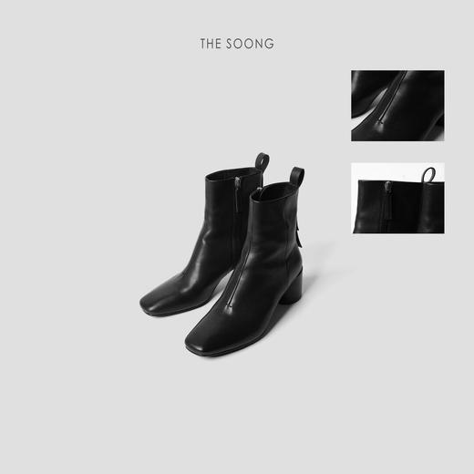THESOONG"月牙鞋"极简小牛皮方头亮面柔软高跟短靴HWXZ6452 商品图2