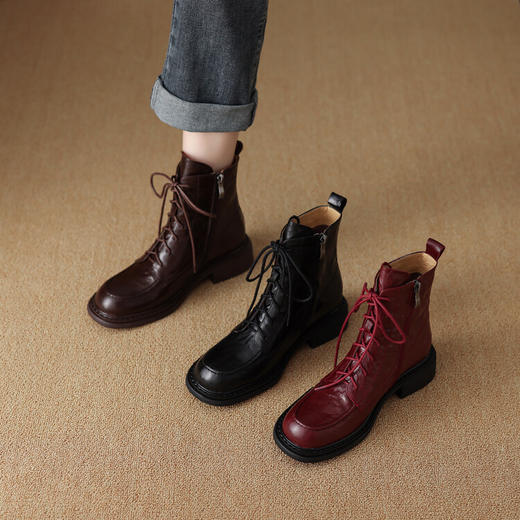 【预售5天】舒适4cm羊皮系带短靴，粗跟中跟圆头马丁靴XH&F7534 商品图3