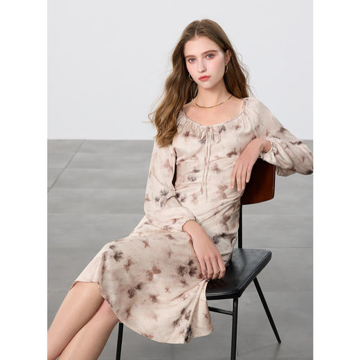 三彩独醒2025春季新款系带大方领碎花连衣裙垂感A字长裙优雅F 商品图1