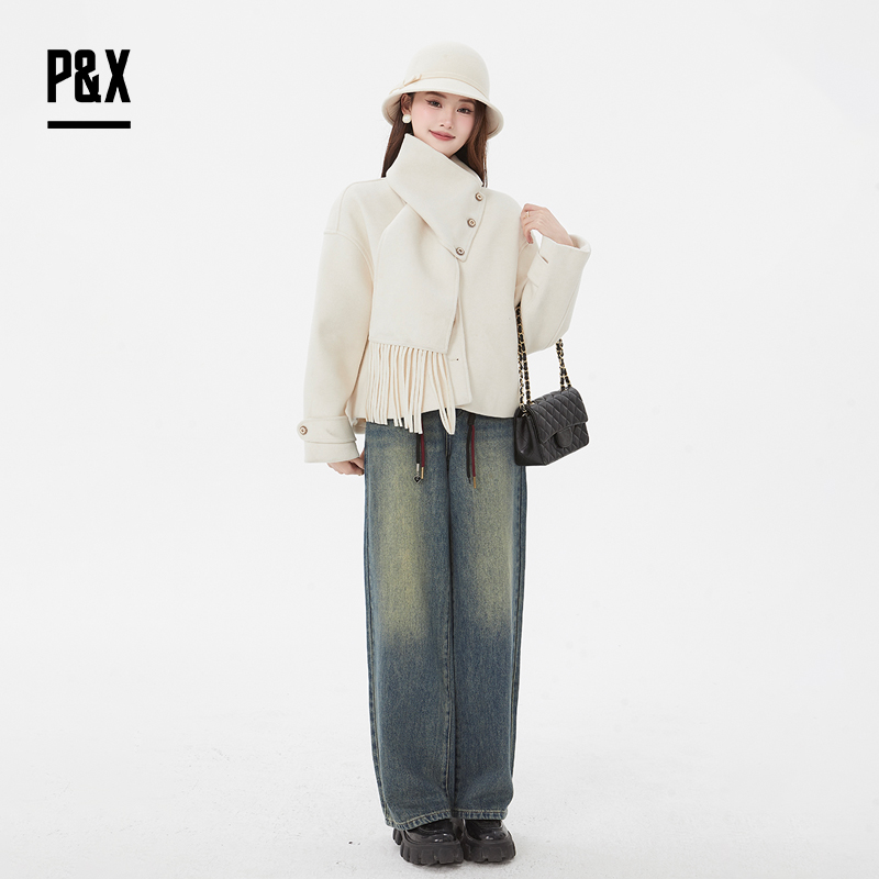 P&X设计师女装春季新款围脖设计梭织短款大衣825134039 杏色