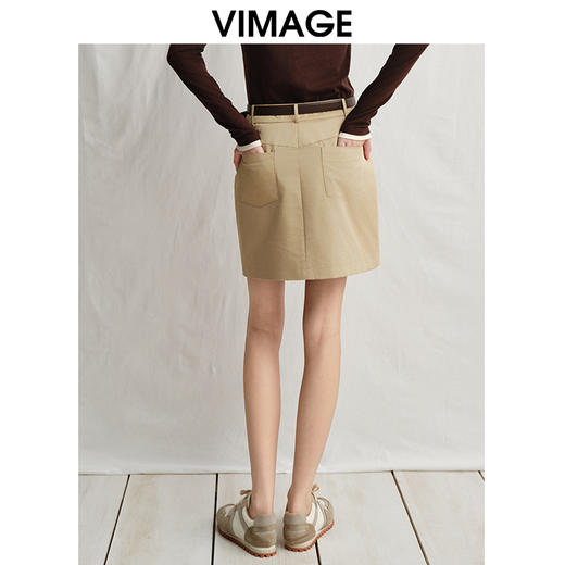 VIMAGE纬漫纪复古高级感卡其色高腰a字纯棉短裙半身裙春新款V2306905 商品图4