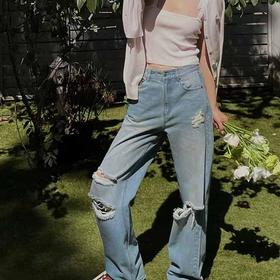 顺丰包邮15432洛诗琳2025新款重工做旧高腰直筒破洞牛仔裤女838