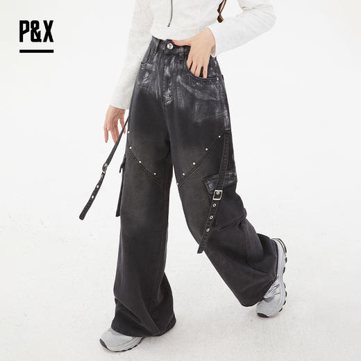 P&X设计师女装春季时尚潮流宽松牛仔长裤825110066 黑色 商品图3