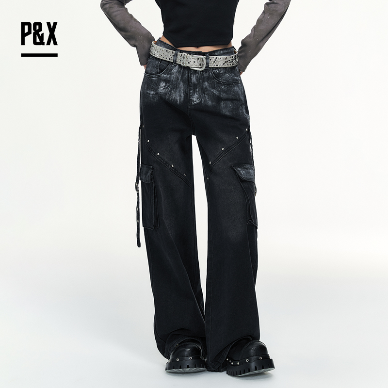 P&X设计师女装春季时尚潮流宽松牛仔长裤825110066 黑色