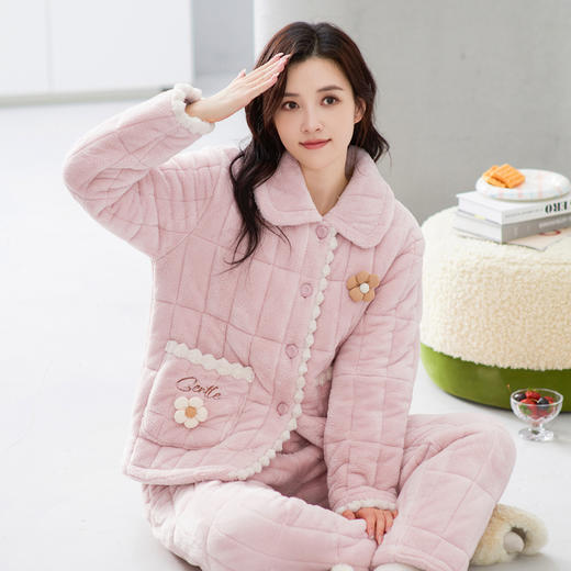芬腾夹棉睡衣 男女款 冬季加厚加绒三层超厚棉袄 保暖套装 珊瑚绒家居服 商品图0