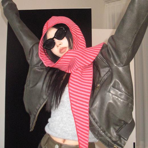 丁摩 多种风格秋冬韩版条纹帽子围巾一体女保暖披肩围脖毛线针织帽连帽4ZF-123003 商品图4